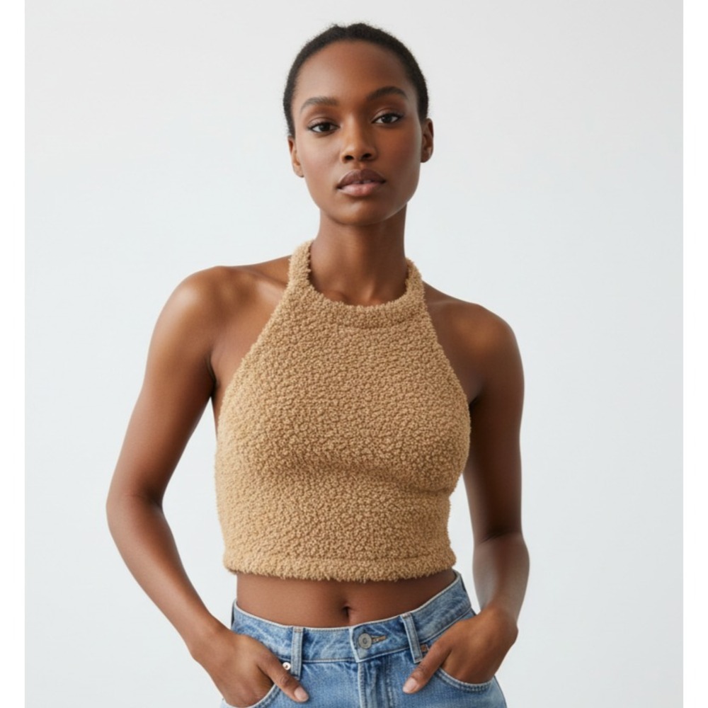 NWT SKIMS Fluffy Tank Top Women's Size L/XL Camel Round‎ Neck Cozy Knit